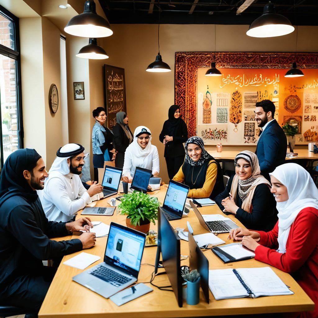 A vibrant community scene showcasing Arab-American entrepreneurs collaborating in a bustling workspace filled with diverse products, cultural decorations, and happy interactions. In the background, a symbolic bridge connecting different cultures is visible, representing unity and support. Business presentations are happening at a round table, with people of various backgrounds engaged and smiling. The overall mood is warm and inviting, emphasizing love and collaboration. super-realistic. vibrant colors. 3D.