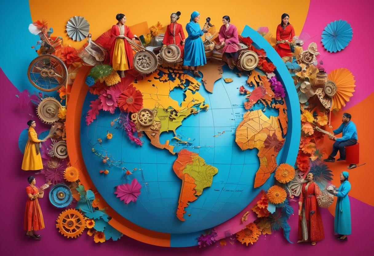 A vibrant collage showcasing various cultural symbols like traditional clothing, food, and instruments from around the world interconnected with gears symbolizing business. Diverse people engaging in collaborative discussions over diagrams and world maps, all set against a dynamic, colorful backdrop. Emphasize unity, diversity, and business synergy. super-realistic. vibrant colors. 3D.