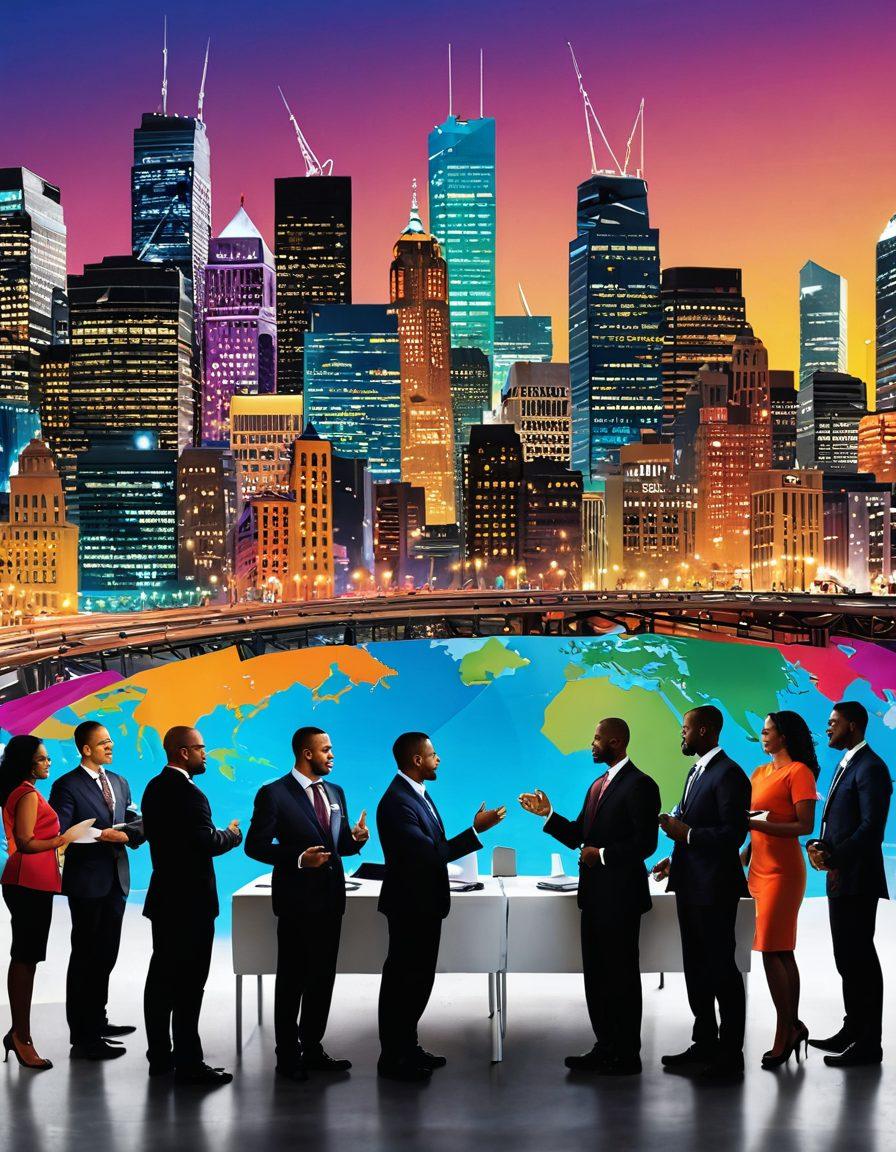A vibrant business networking scene depicting diverse minority entrepreneurs shaking hands, sharing ideas, and collaborating in a modern urban setting. Incorporate elements such as colorful banners representing various cultures, laptops, and business cards scattered on tables. Show a backdrop of a city skyline that reflects inclusivity and community. super-realistic. vibrant colors.